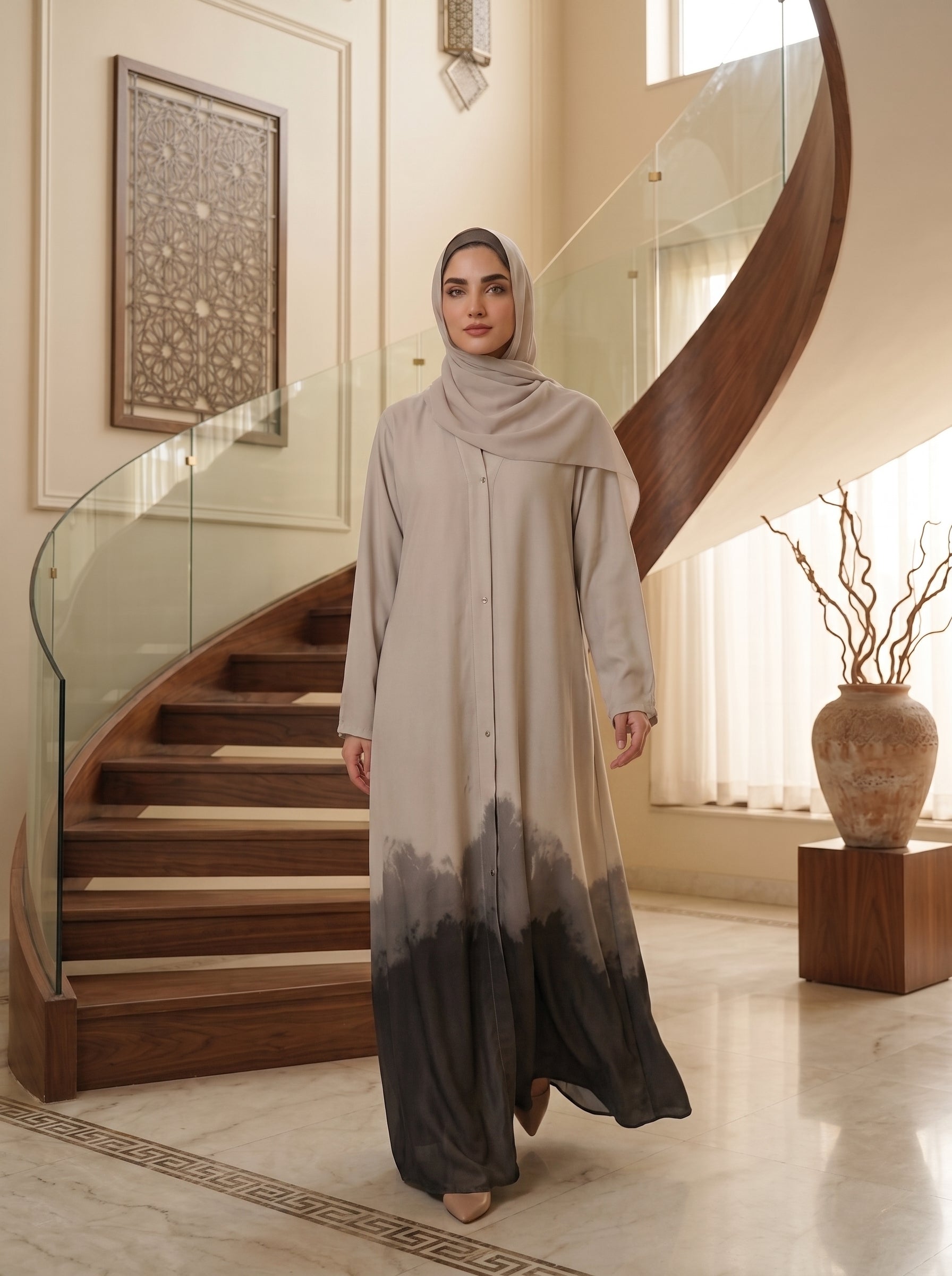 Ombre Forest Print Button-Front Abaya